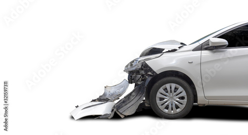 Front of white color car big damaged and broken by accident. Save with clipping path.