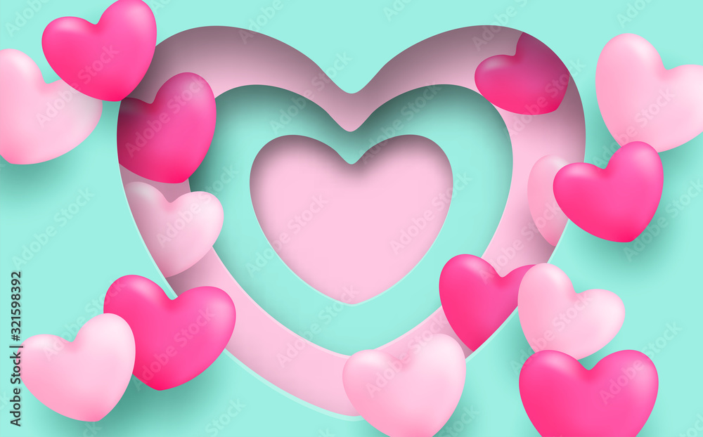 Love card design. Design with pink heart on pink and green mint  background. light and shiny. vector.
