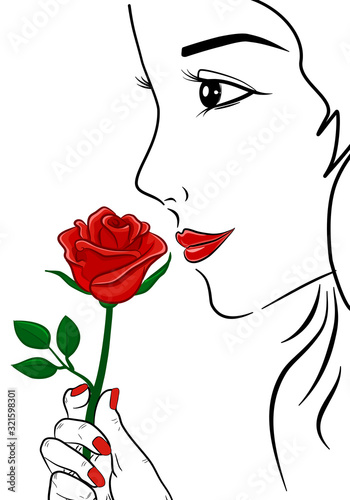 Beautiful young  woman holding red rose flower in front of nose smelling scent