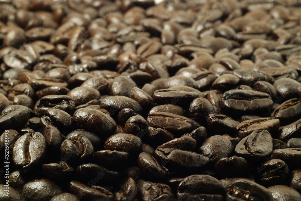 Many coffee beans for background focus on foreground.