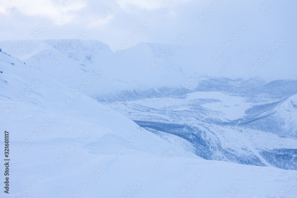 The snowy landscape. The view from the snowy peak of the mountains to the valley with bare trees The snowy landscape. The view from the snowy peak of the mountains to the valley with bare trees