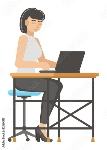 Woman is sitting at a table and working on a laptop. Isolated on white background. Flat design. Vector illustration.
