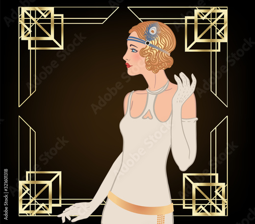 Art Deco vintage invitation template design with illustration of flapper girl. patterns and frames. Retro party background set 1920s style. Vector for glamour event, thematic wedding or jazz party