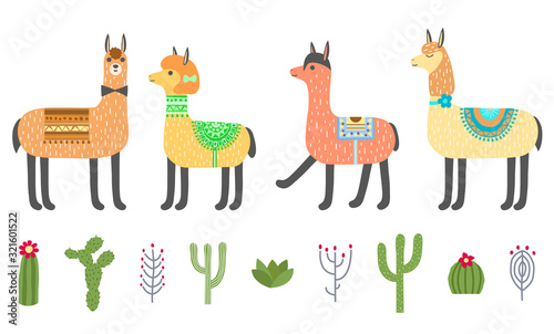 Set of cute llamas, alpacas and cacti. Isolated on a white background. Vector illustration.