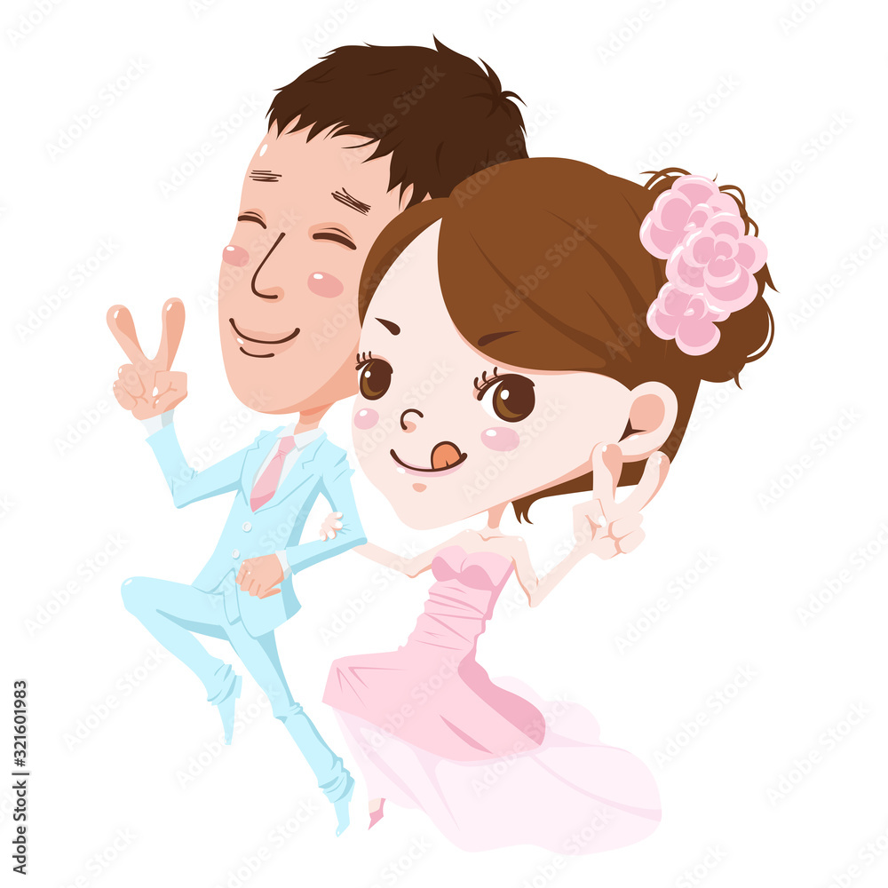 Obraz premium 若い新郎新婦のイラスト。ウェディングドレスとタキシードを着て楽しそうにしている。