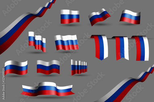 Waving Russia banners and 3 bookmarks in the colors of the flag - red, blue, white, many 9 flags - vector illustration for memorial, labor day or any national celebration