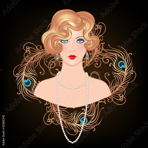 Art Deco vintage invitation template design with illustration of flapper girl. patterns and frames. Retro party background set 1920s style. Vector for glamour event, thematic wedding or jazz party