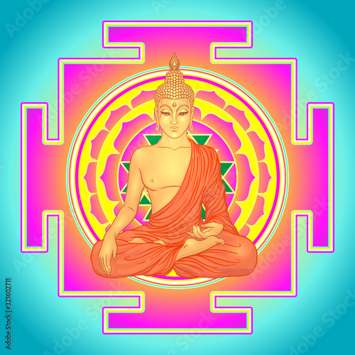 Buddha over Sri Yantra or Sri Chakra, form of mystical diagram, Shri Vidya school of Hindu tantra symbol. Sacred geometry vector design element. Vector illustration. Alchemy, occultism, spirituality.