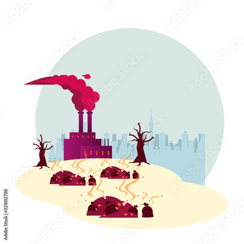 factory with polluting chimneys and forest dry