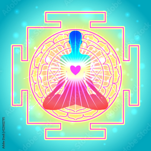 Buddha over Sri Yantra or Sri Chakra, form of mystical diagram, Shri Vidya school of Hindu tantra symbol. Sacred geometry vector design element. Vector illustration. Alchemy, occultism, spirituality.