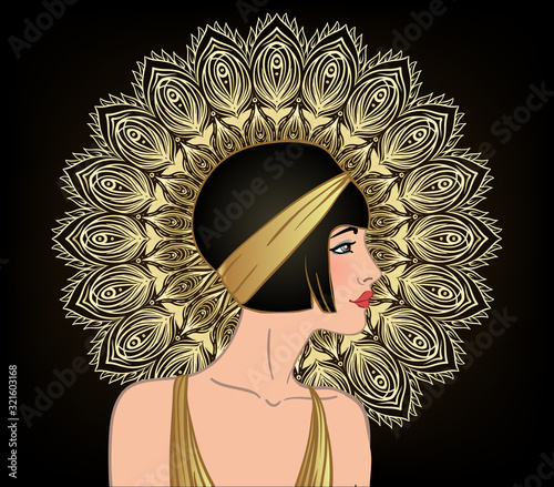 Art Deco vintage invitation template design with illustration of flapper girl. patterns and frames. Retro party background set 1920s style. Vector for glamour event, thematic wedding or jazz party