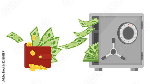 Paper dollar bills fly from a purse