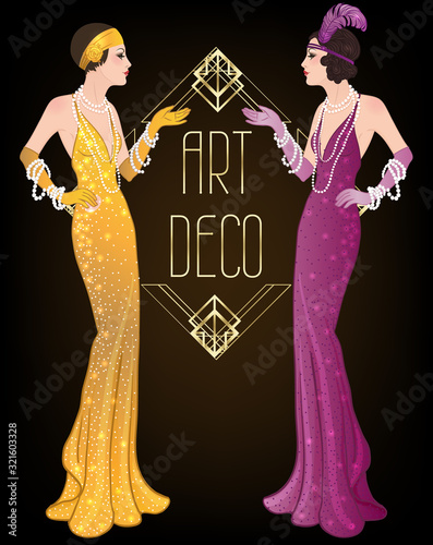 Art Deco vintage invitation template design with illustration of flapper girl. patterns and frames. Retro party background set 1920s style. Vector for glamour event, thematic wedding or jazz party