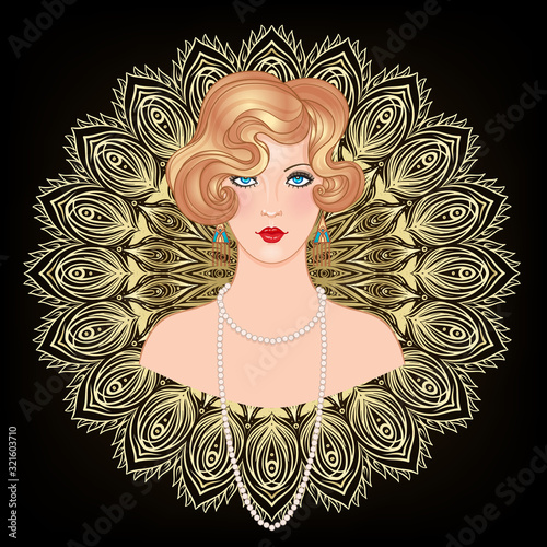 Art Deco vintage invitation template design with illustration of flapper girl. patterns and frames. Retro party background set 1920s style. Vector for glamour event, thematic wedding or jazz party