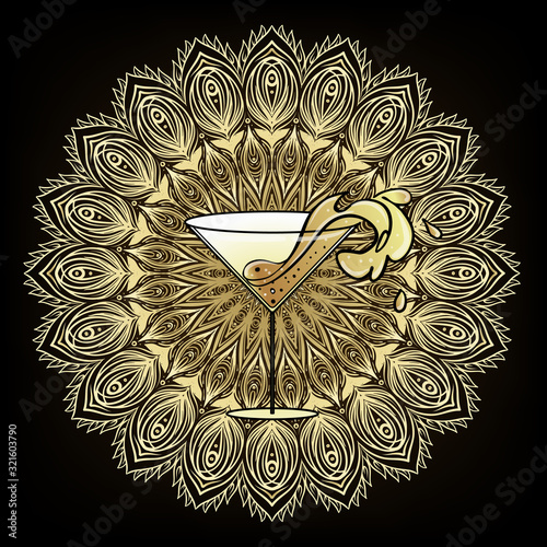 Cocktail glass with splash. Art deco 1920s style vintage invitation template design for drink list, bar menu, glamour event, thematic wedding, jazz party flyer. Vector art.