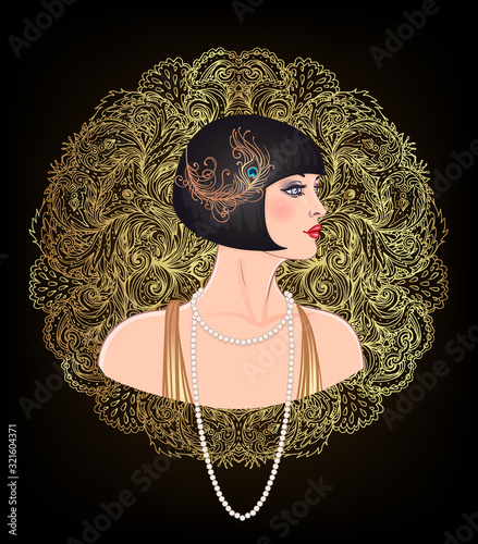 Art Deco vintage invitation template design with illustration of flapper girl. patterns and frames. Retro party background set 1920s style. Vector for glamour event, thematic wedding or jazz party