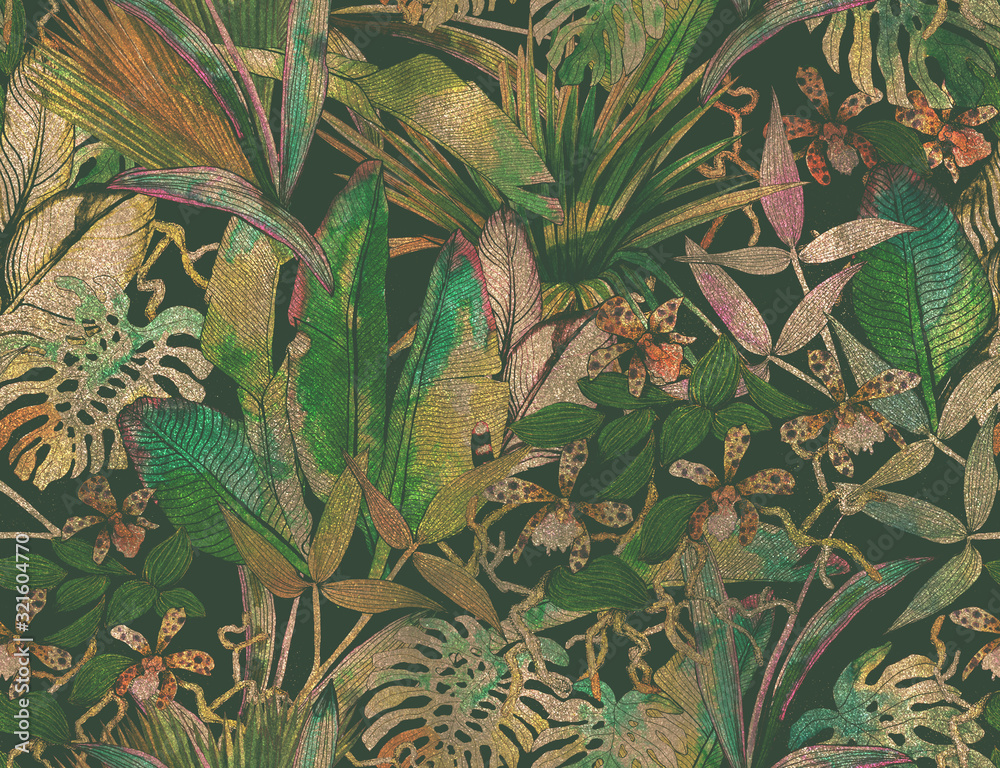 Tropical seamless pattern with tropical flowers, banana leaves. - obrazy, fototapety, plakaty 