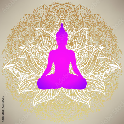 Buddha over Sri Yantra or Sri Chakra, form of mystical diagram, Shri Vidya school of Hindu tantra symbol. Sacred geometry vector design element. Vector illustration. Alchemy, occultism, spirituality.
