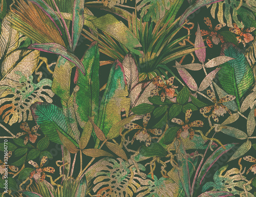 Tropical seamless pattern with tropical flowers, banana leaves.