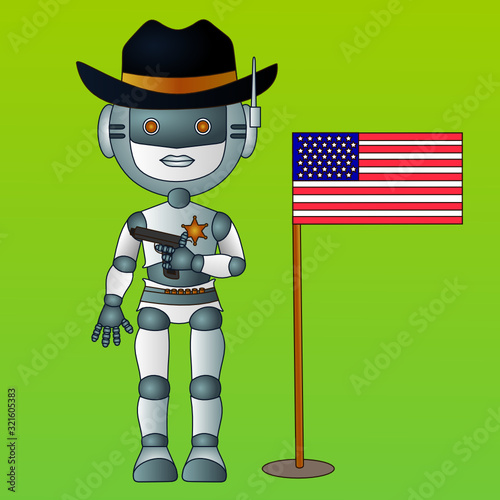 a cool sheriff robot in a black hat and belt with bandolier stands and holds a gun in his hand, and an American flag is stuck nearby in the lawn