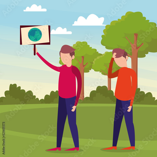 young men protesting with earth planet in label characters