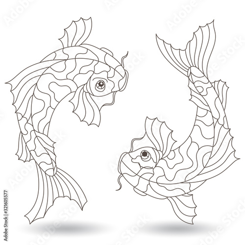 Set of illustrations in stained glass style with koi carp fish,dark contour isolated on a white background