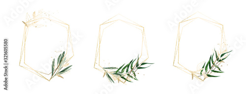 Three golden frames decorated with watercolor floral elements