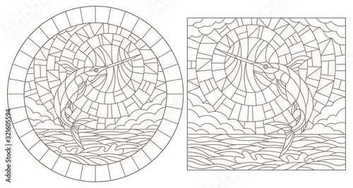 Set contour illustrations of stained glass with a fish swordfish on the sea background ,cloud, sky and sun