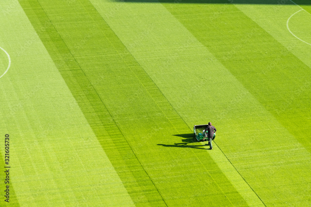 Fototapeta Osoba z sekatorem cięcia trawy na stadionie piłkarskim