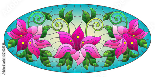 llustration in stained glass style with flowers, leaves and buds of pink lilies on a blue background, oval image