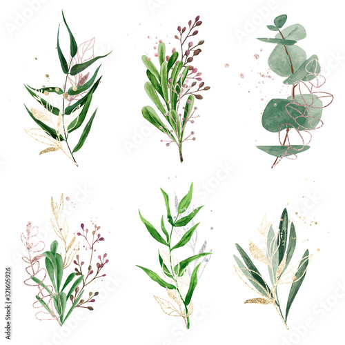 Watercolor greenery set decorated with foiled plants and spots