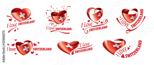 National flag of the Switzerland in the shape of a heart and the inscription I love Switzerland. Vector illustration