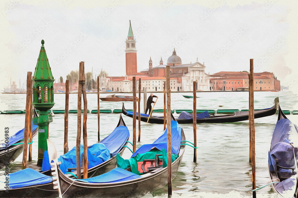 Venice morning. Island of San Giorgio Maggiore. Imitation of a picture. Oil paint. Illustration