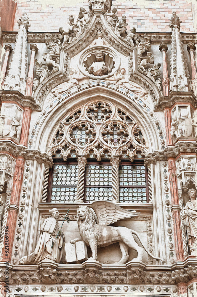 Decoration on a facade of basilica of Saint Mark. Imitation of a picture. Oil paint. Illustration