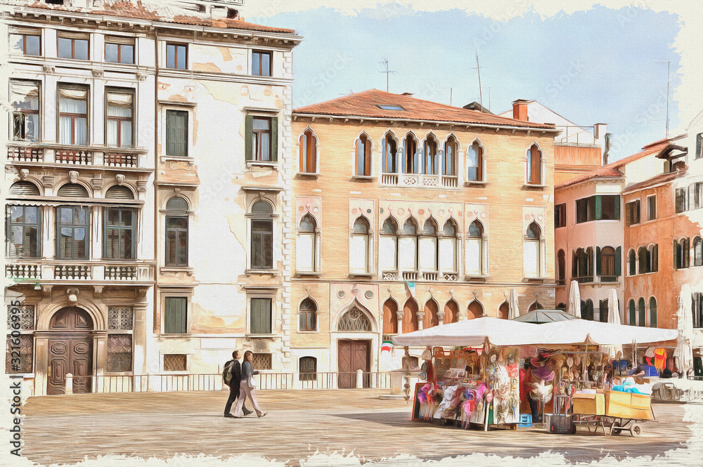 Venice. Square in the historic center of the city. Imitation of a picture. Oil paint. Illustration