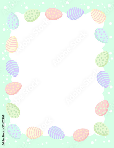 Postcard template with Easter eggs in pastel colors. Printable stationary mockup with cute Ostara colored eggs frame composition.