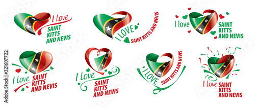 National flag of the Saint Kitts and Nevis in the shape of a heart and the inscription I love Saint Kitts and Nevis. Vector illustration