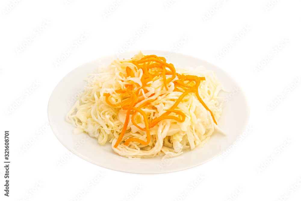 sliced sauerkraut and carrots on a white plate isolated sliced sauerkraut and carrots on a white plate isolated
