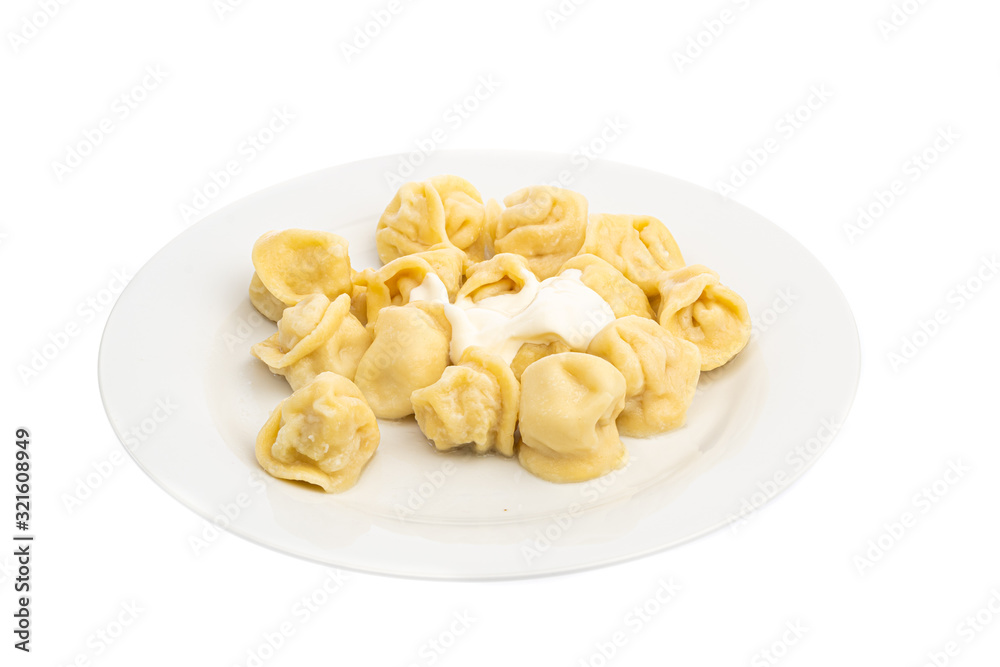 portion of boiled dumplings with white sour cream sauce on a white plate isolated