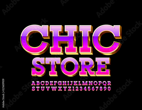 Vector stylish logo Chic Store. Luxury exclusive 3D Font. Pink and Glossy Alphabet Letters and Numbers.