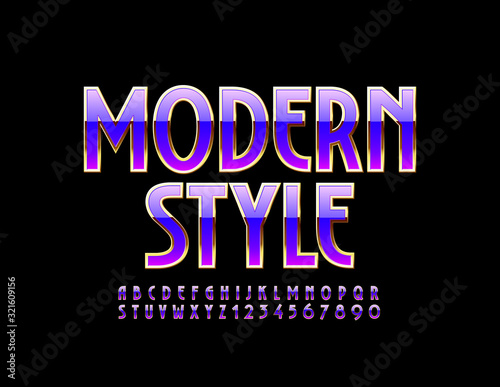 Vector Modern Style chic Font. Violet and Golden Alphabet Letters and Numbers