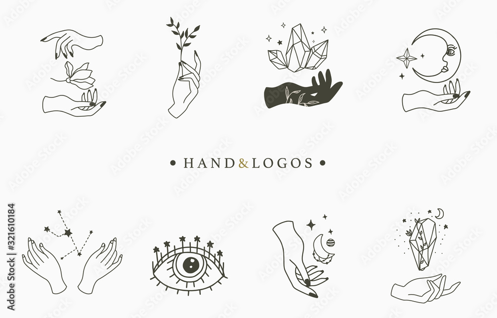 Beauty occult logo collection with hand,geometric,crystal,moon,eye,star.Vector illustration for icon,logo,sticker,printable and tattoo Beauty occult logo collection with hand,geometric,crystal,moon,eye,star.Vector illustration for icon,logo,sticker,printable and tattoo