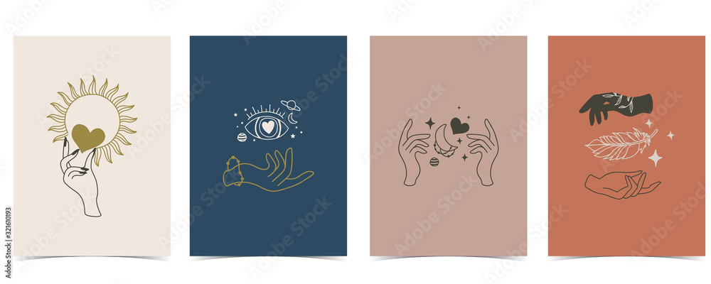 Collection of occult background set with hand,planet,heart,moon.Editable vector illustration for website, invitation,postcard and sticker Collection of occult background set with hand,planet,heart,moon.Editable vector illustration for website, invitation,postcard and sticker