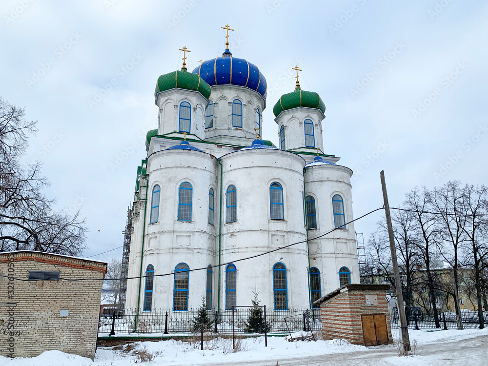 Cathedral of the Nativity in Kyshtym in winter. Chelyabinsk region, Russia
