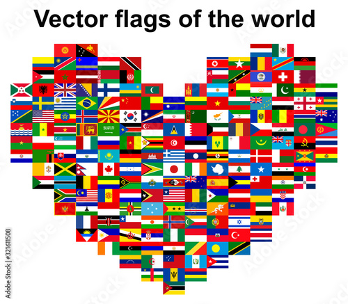 Set of flags of countries around the world in the shape of a heart. Icons for websites. Complete collection. Valentine's day card. Vector graphics.