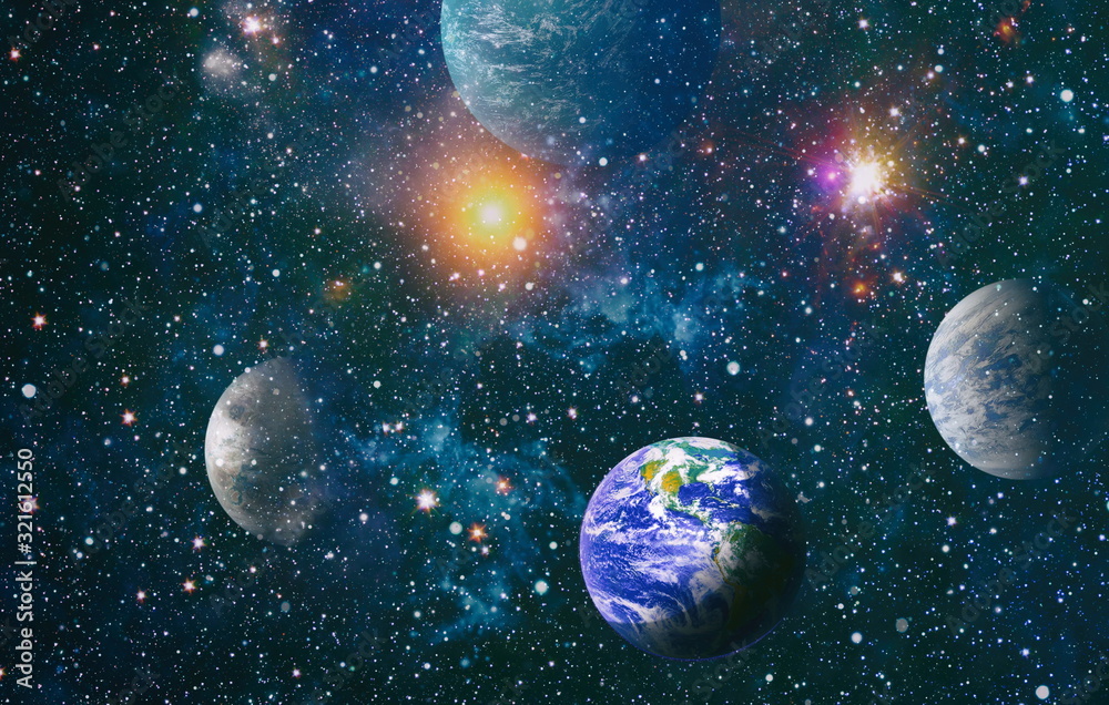 Earth planet in galaxy use for science design . Earth and galaxies in space. Science fiction art. Elements of this image furnished by NASA.