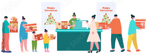 The cashier of the supermarket breaks through shopping to people in line - a man with a gift, a boy with a postcard, a girl with a bag and a woman with balls. Fashionable vector flat illustration