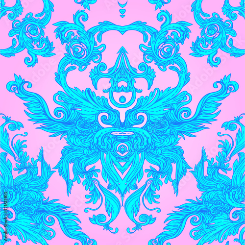 Vintage baroque floral seamless pattern in bright neon colors. 1980s style. Ornate vector decoration. Luxury, royal and Victorian concept. Vintage design with repetition. Heraldic floral texture.