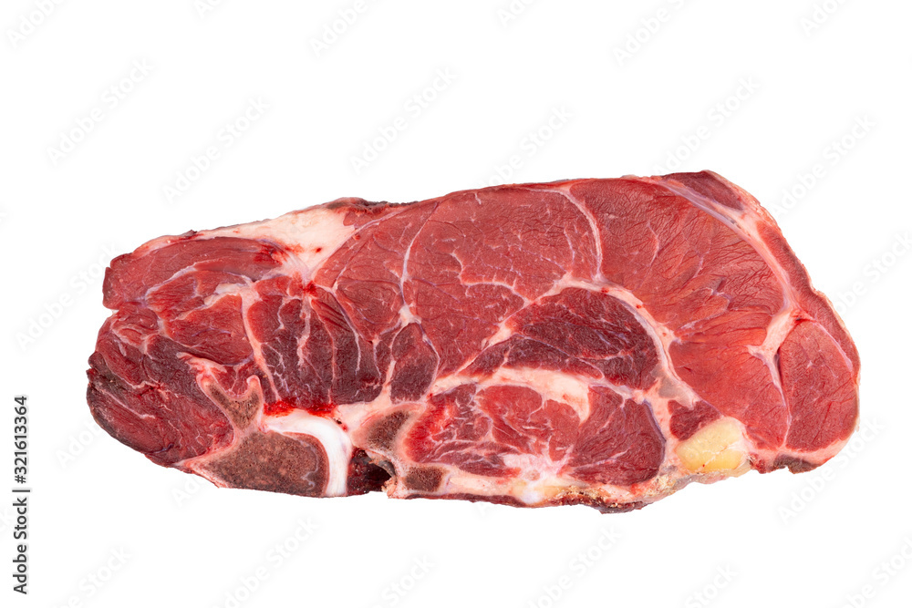 Fresh raw beef steak isolated on white background. Large piece of delicious meat close-up Fresh raw beef steak isolated on white background. Large piece of delicious meat close-up