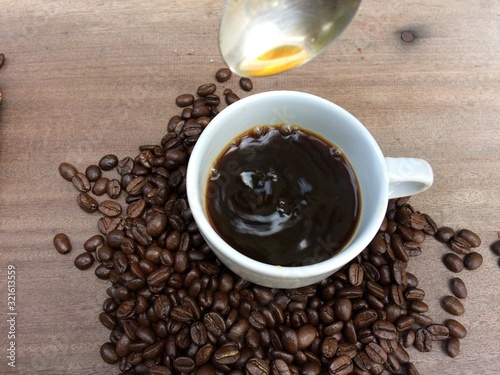 coffee beans on wooden background